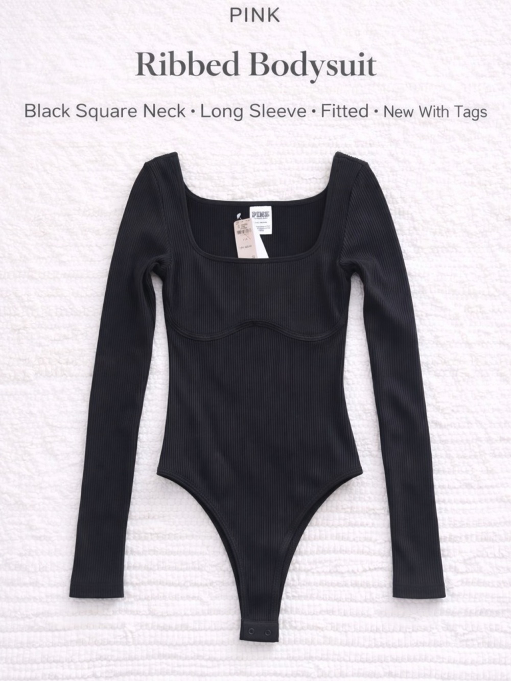 PINK VS Ribbed Bodysuit Black Square Neck Long Sleeve Fitted NWT